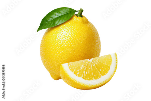 Foto Fresh yellow lemon with sliced wedge isolated on transparent background display