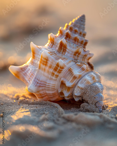 Golden hour seashell macro with glowing highlights and sparkling beach bokeh
