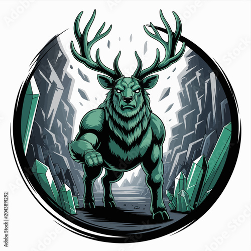 Canvastavla Green deer with large antlers standing.