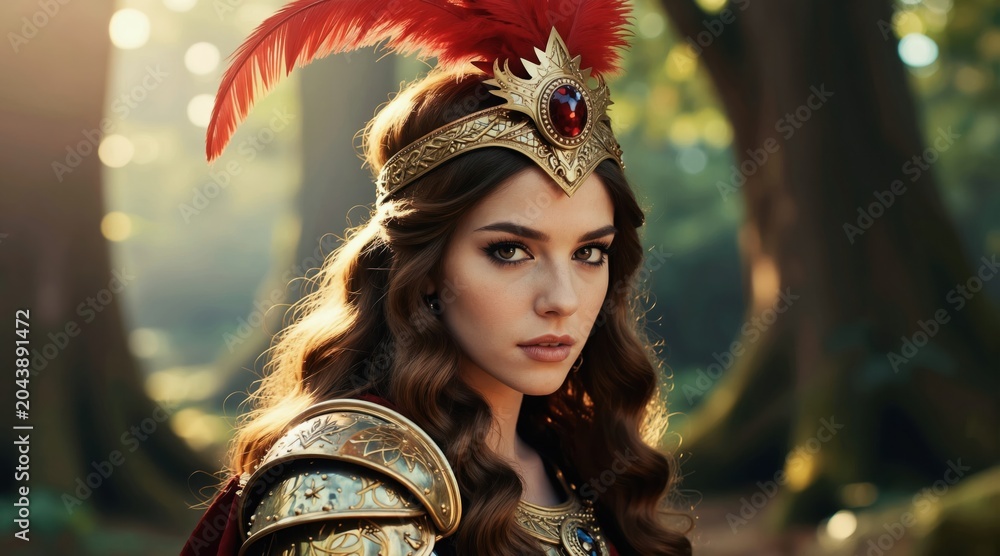 Obraz premium Young woman in golden armor wears crown with red feather. Forest setting with sunlit trees. Fantasy portrait of regal warrior princess. Her gaze is intense and captivating.