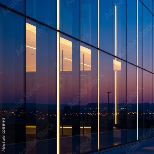 Modern glass panels reflecting a subtle urban horizon at dusk with soft interior lighting creating a clean minimalist architectural scene, glass, mirror, glasswork