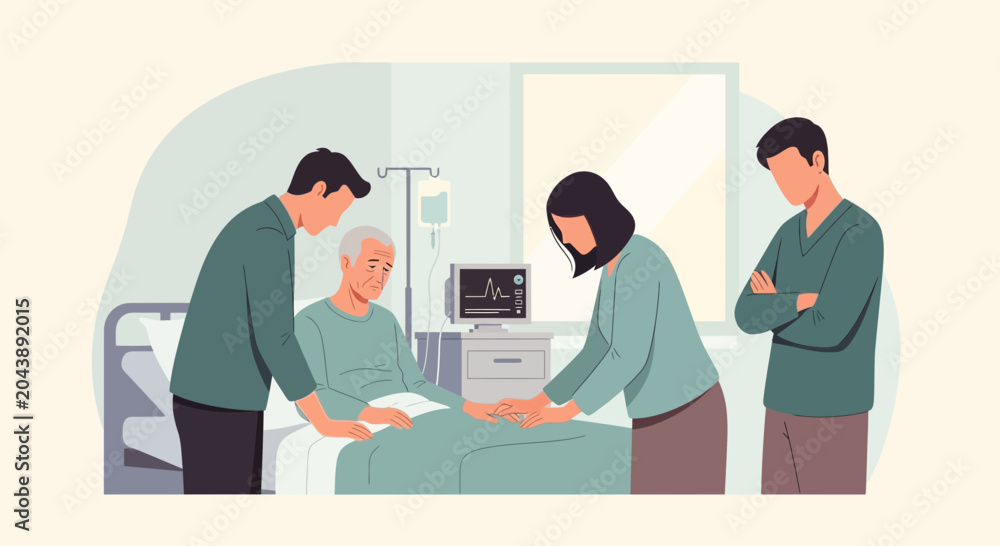 Fototapeta premium Family by Senior Patient's Bedside Hospital Care Support Concept