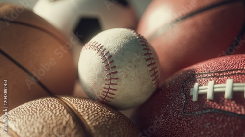 Detailed close-up showcasing a variety of sports equipment illustrating different games