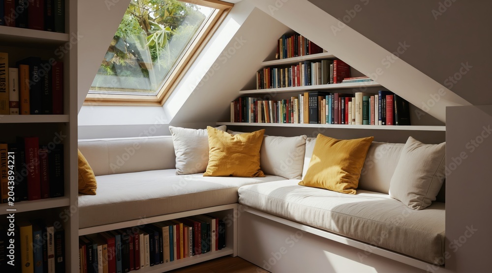 Fototapeta premium Attic reading nook with built-in couch and shelves full of books. Large skylight window offers natural light and green views. Cozy corner for quiet time.