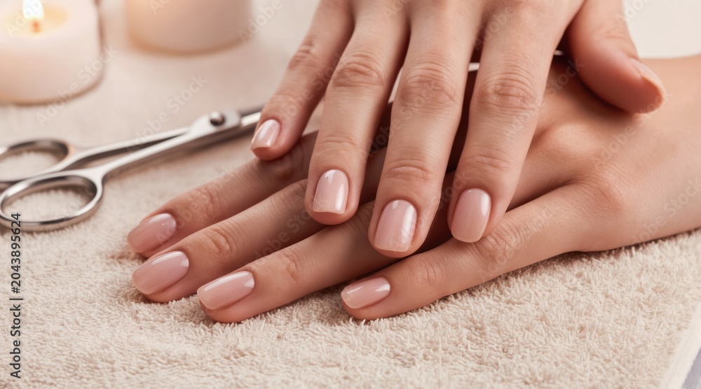 Naklejka premium Elegant hands with perfect nude nails rest on soft towel. Manicure tools and candles nearby suggest spa relaxation for beauty. Soft focus background creates luxurious ambiance.