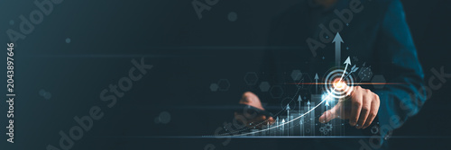 Business banner with copy space, person touching virtual growth graph chart and target icon. Strategy for financial success, corporate data analysis and digital marketing investment concept