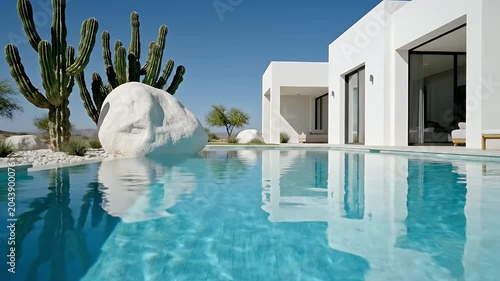 Luxurious modern white villa by a crystal blue pool surrounded by desert landscaping