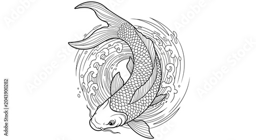 Koi fish line art illustration with swirling water waves