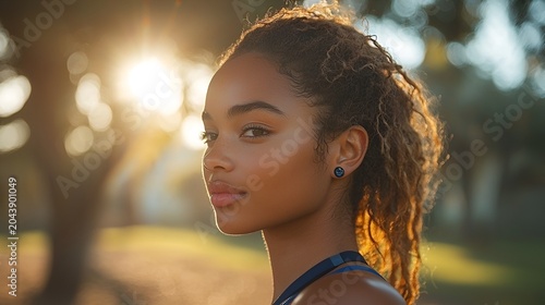 Young woman with curly hair, looking away, outdoors in sunlight.