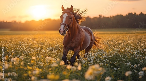 Chestnut horse galloping through a daisy field at sunset.