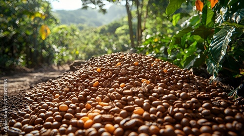 Sunlit pile of coffee beans in a plantation.