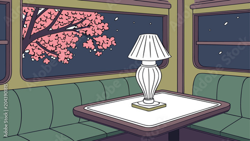 Schilderij op canvas Moody Vintage Train Carriage Interior with Polished Wet Table and Warm Lamp Glow