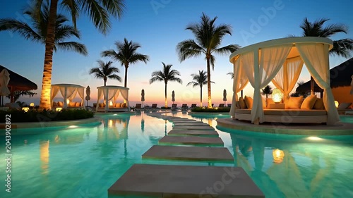 Luxurious tropical resort pool at twilight with palm trees, cabanas, and stepping-stone walkway across glimmering water