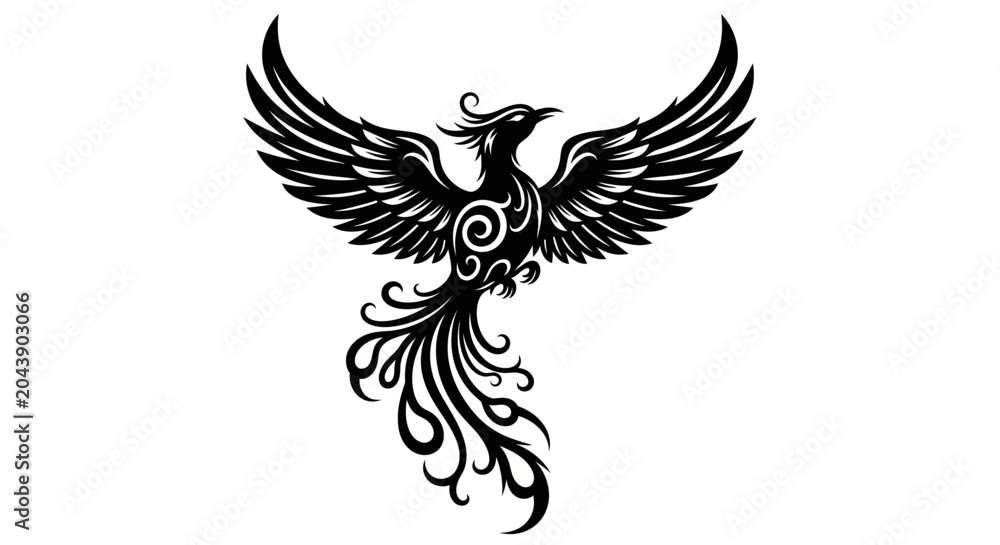 Fototapeta premium Stylized black phoenix illustration with spread wings, ornate tribal details, and decorative tail, mythical bird symbol of rebirth and strength