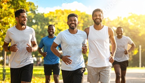 Men running in a group in a park on a sunny day smiling 