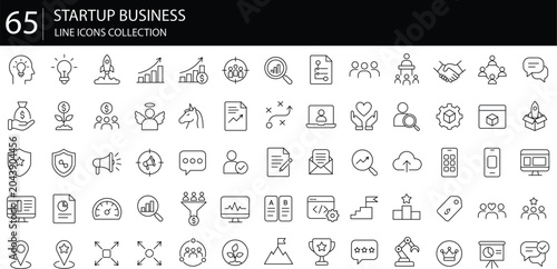 Startup Business Line Icons Set. Entrepreneurship, Innovation, Growth, Investment, Teamwork, Marketing, Analytics and Management Outline Vector Collection