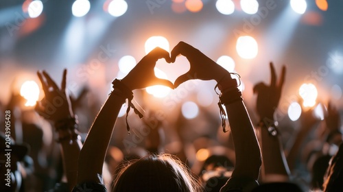 Silhouette of hands making a heart shape in a crowd at a live music concert.