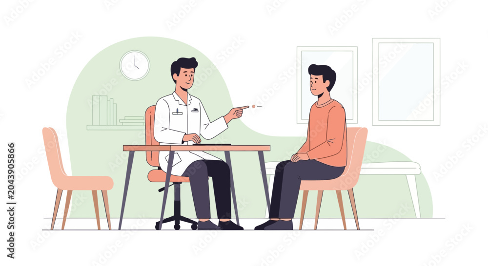 Fototapeta premium Doctor consulting patient in clinic office, medical illustration, flat design