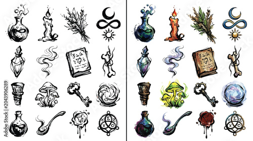 Canvastavla Collection of mystical and magical symbols, potions, and tools for witchcraft and occult practices