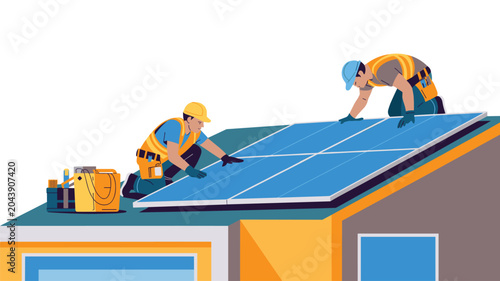 Professional solar technicians meticulously secure blue photovoltaic panels onto a residential rooftop structure under bright daylight.