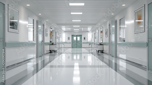 Clean bright hospital ward corridor, tidy medical passage interior for healthcare facility backdrop