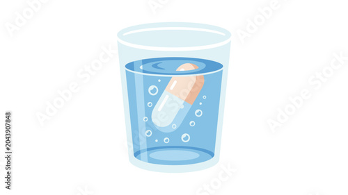 A single white and beige medical capsule dissolves in a clear glass of water while tiny effervescent bubbles rise against a clean white background.