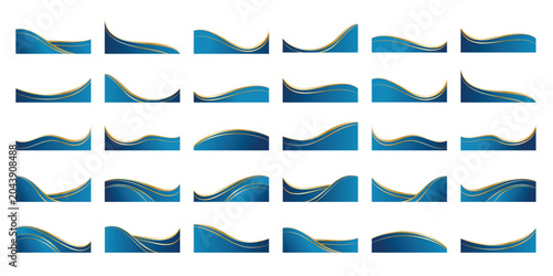Collection of Modern Elegant Abstract Blue and Gold Wavy Border Decoration Gradient Illustration