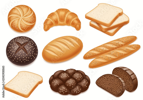 Foto Assortment of Freshly Baked Breads and Pastries Displayed on a White Background