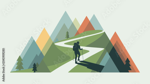 A lone hiker with a backpack and trekking poles walks along a winding path towards stylized, multicolored geometric mountain peaks today.
