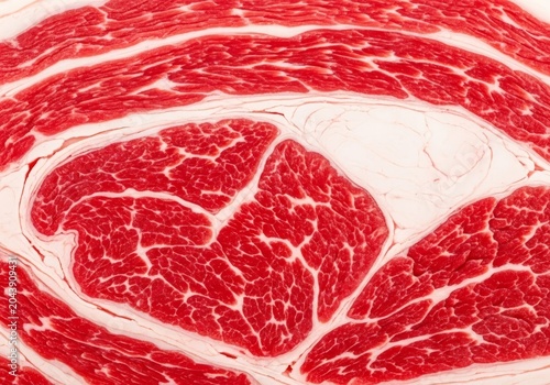 Extreme close-up of raw red meat showing intricate muscle fiber details, rich marbling of white fat, and organic texture of fresh protein, high-quality, fat, texture