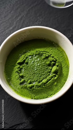 Preparing traditional Japanese matcha green tea by pouring hot water and whisking powder.
