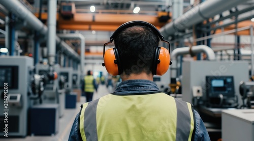 Worker in factory wears ear protection and high-vis vest. Industrial setting with machinery and other employees. Focus on safety in production environment.