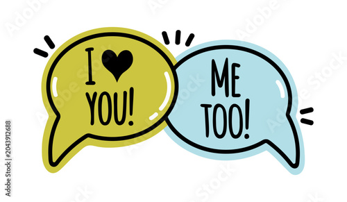 Romantic dialogue, vector icon. Comic speech bubble. Hand drawn two clouds with a declaration of love, a heart. Symbol of chatter, talk. Emotion, exclamation. Colorful doodle, cartoon word balloon