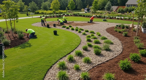 Landscaping crew planting new garden beds with plants and mulch