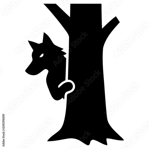 Canvastavla Vector illustration of a sly fox peeking from behind a stylized tree trunk in a stealthy forest scene graphic design