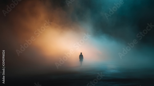 Ethereal Misty Scene with Silhouette in Soft Blurred Fog Light