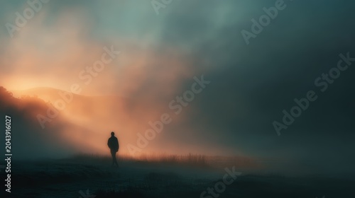 Ethereal Silhouette in Misty Foggy Scene at Dusk