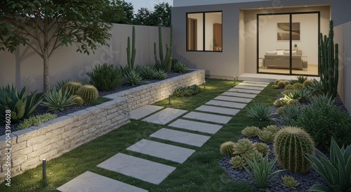 Modern Desert Garden with Stone Pathway and Home Exterior