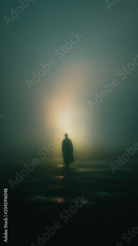 Ethereal Silhouette in Misty Fog with Blurred Atmospheric Glow