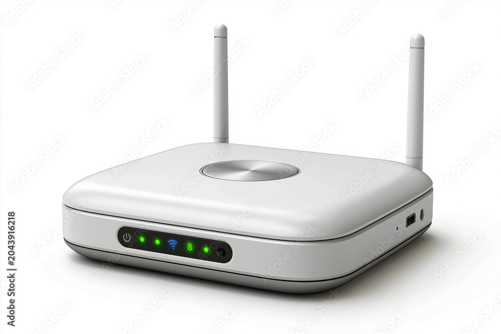 Fototapeta premium Wireless router with antennas displaying connection status at home office