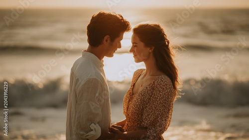A young couple holding hands affectionately while standing on the beach.