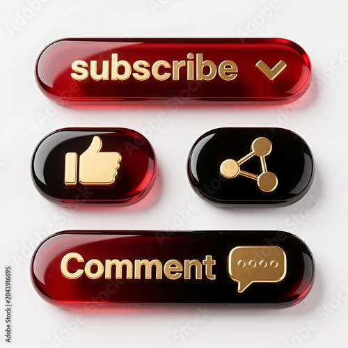 Luxury 3D social media icon set, glossy glass buttons for YouTube and streaming, isolated on white background.