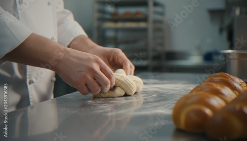 Obraz na plátne A professional chef in a white uniform braids dough on a stainless steel counter in a bakery kitchen with finished loaves in the foreground