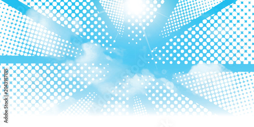 Blue sky background with sun rays and halftone dots