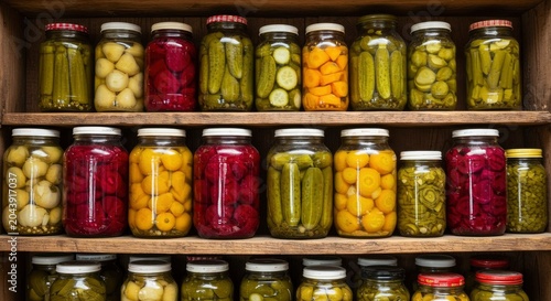 Preserved Vegetables in Glass Jars on Wooden Shelves
