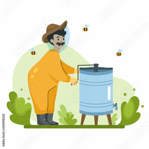 male beekeeper collects honey using special device. A green environment.flat style illustration on subject of beekeeping.