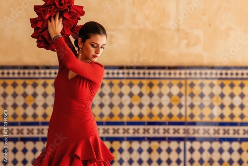 Young woman dances flamenco in red dress. She poses gracefully against ornate tiled wall. Her passionate dance expresses Spanish culture, heritage, and artistry.