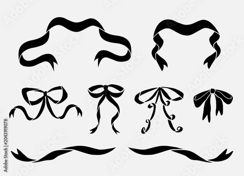 Decorative ribbon banner set with elegant bow and vintage scroll vector elements