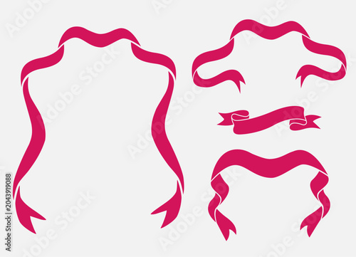 Decorative ribbon banner set with elegant bow and vintage scroll vector elements. Hand drawn illustration. Isolated vector element. 