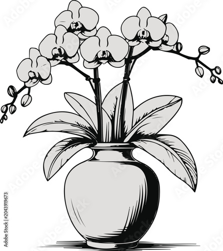 Orchid Tropical Floral Vase Sticker Outline Design 2